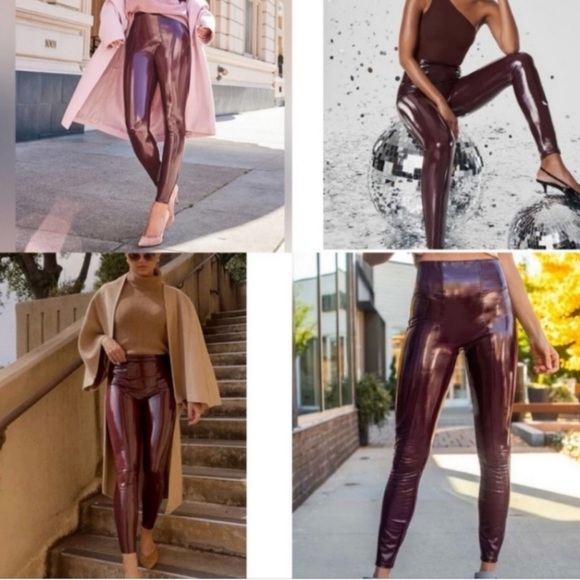 SPANXshape Faux Leather Patent Leggings Size Small Petite Ruby Burgundy Shiny - Picture 4 of 16